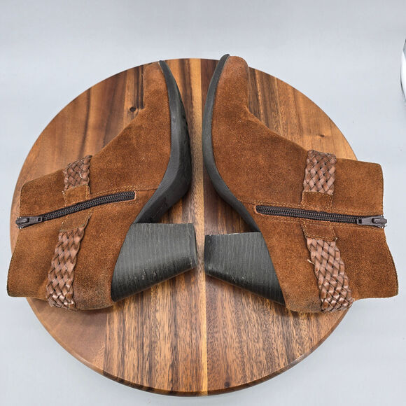 Boc Born Boots Women's 8.5 M Brown Suede Leather Harness Braided Heeled Booties - Picture 5 of 9